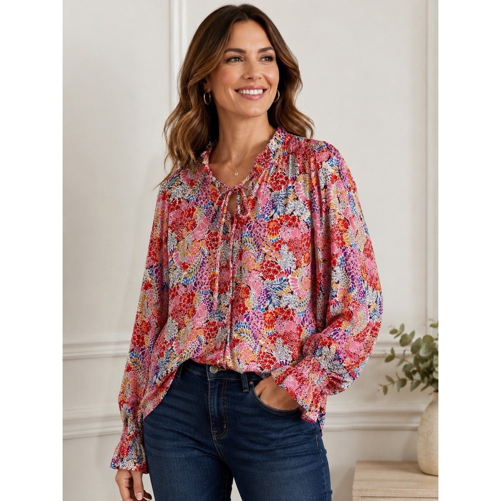 Floral Tie Neck Boho Blouse Ruffle Smocked Sleeve Peasant 2XL Artsy Romantic - Picture 1 of 9